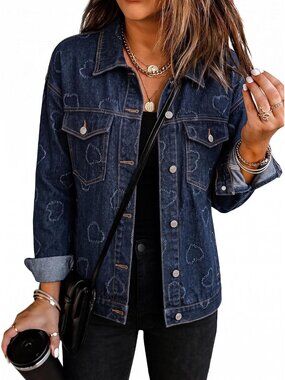 Womens Navy Blue Button Down Oversized Coat Pocket Heart Star Denim Jean Jacket